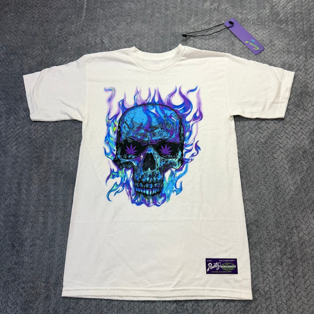 NWT Runtz Worldwide Shirt Mens S White Flaming Skull Graphic Cotton Streetwear